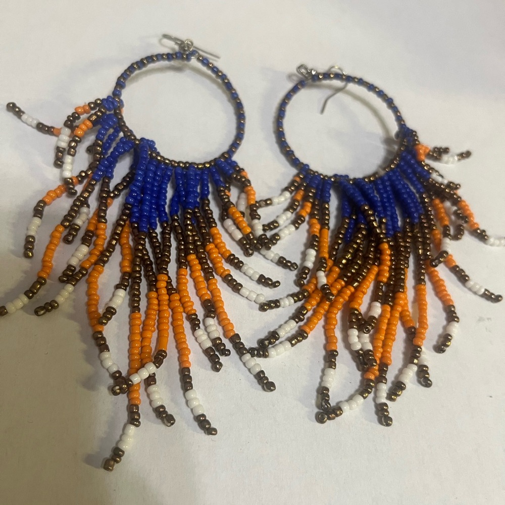 Handmade Blue, Orange & White Beaded Fringe Hoop Earrings